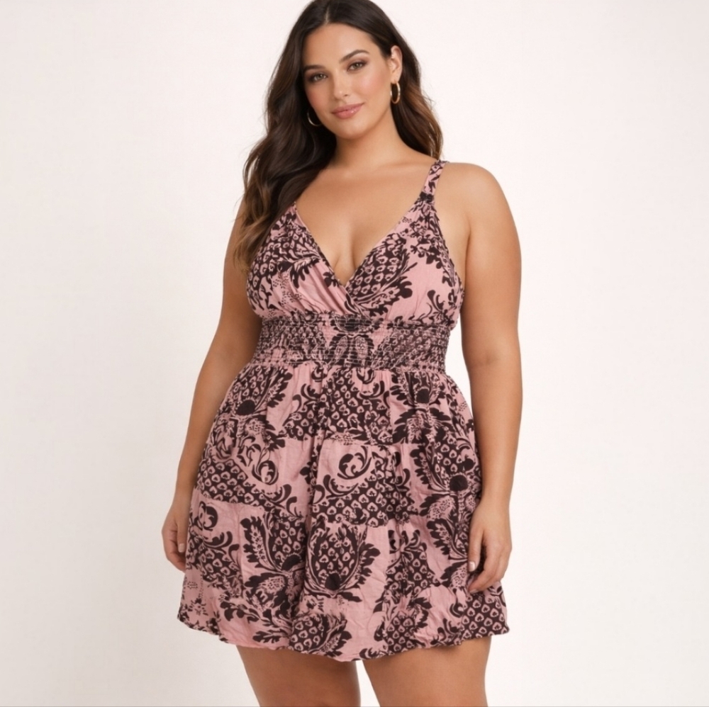 Cassee’s Sleeveless V-Neck Tiered Dress Smocked Pink/Brown Floral Boho Size 2X